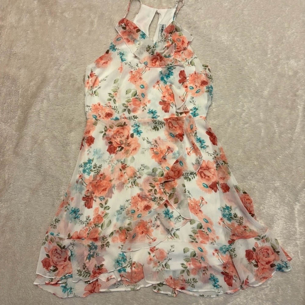 Almost Famous White Floral Halter Dress with Coral & Teal Flowers